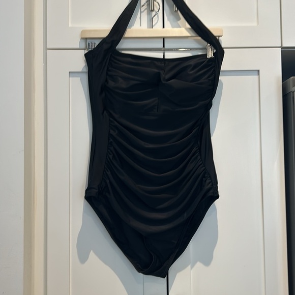 Halter One Piece Ruching Tummy Control Retro Bathing Suit, Black, Women Size XL - Picture 11 of 14
